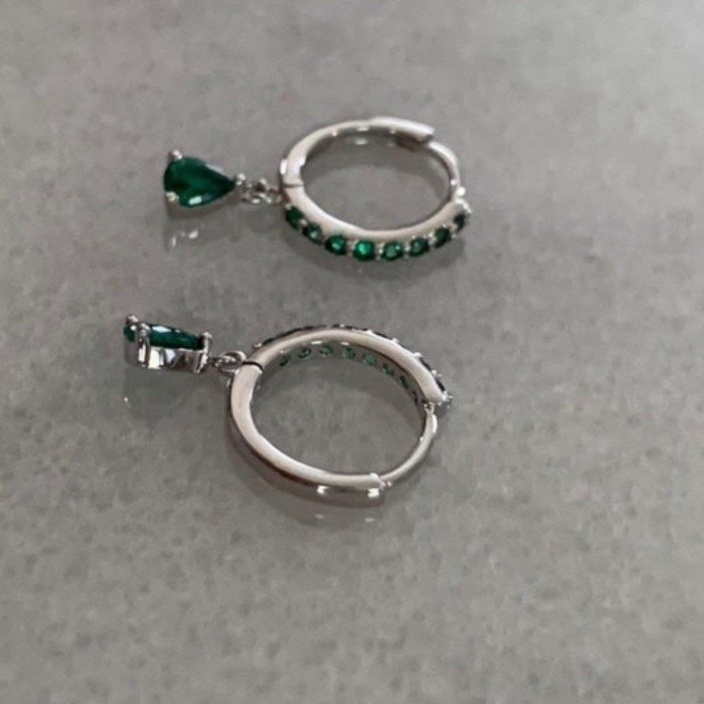 Sterling Silver Green Crystal Paved Tear Drop Dangle Huggie Hoop Earrings - Picture 3 of 4